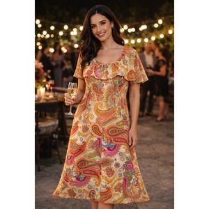 Poleci Silk Paisley Dress Sz 8 Anthropologie Boho Cottagecore Festival USA